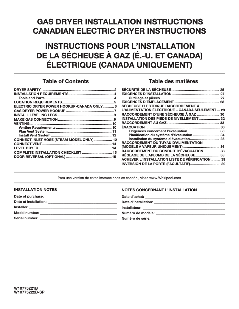 Page n°1 - Guide d'installation Maytag MGD3500F
