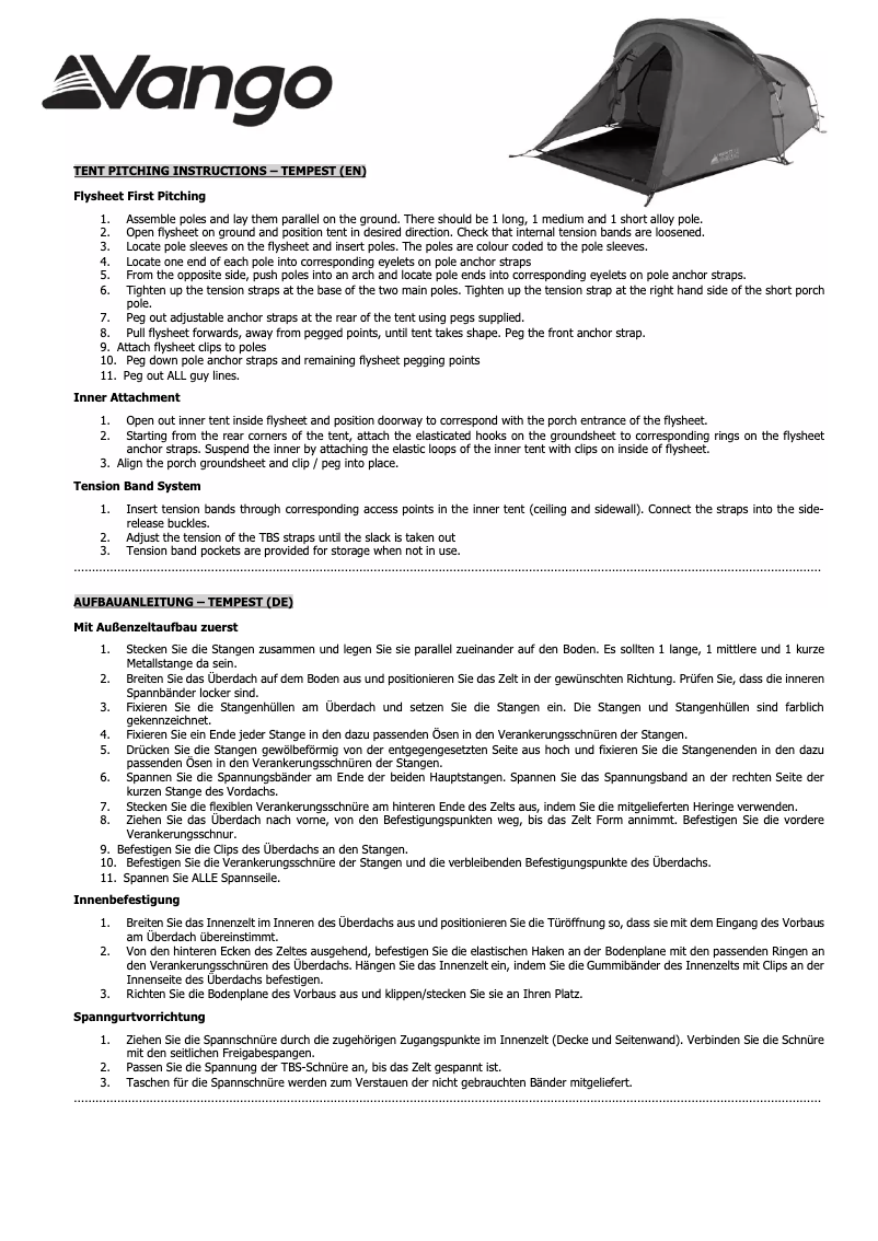 Page 1 de la notice Manuel utilisateur Vango Tempest Pro 200