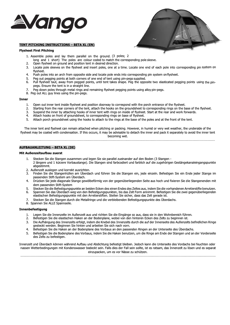 Page 1 de la notice Manuel utilisateur Vango Beta 350XL