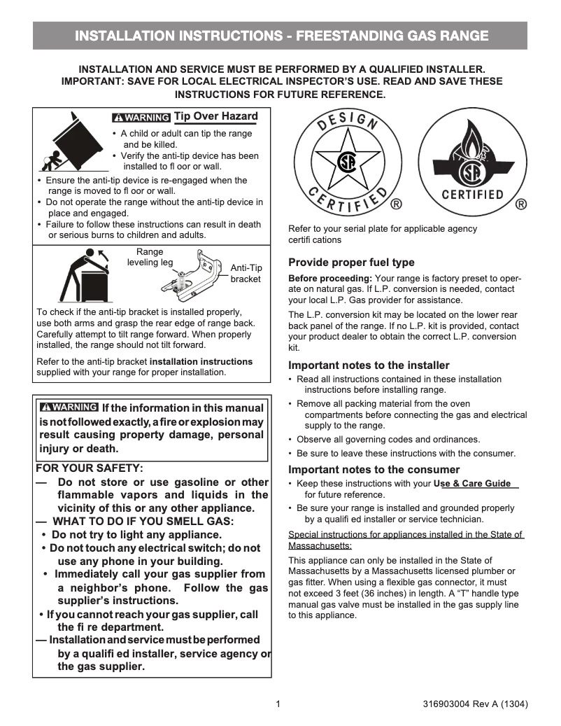 Page 1 de la notice Guide d'installation Frigidaire FGGF3058RB