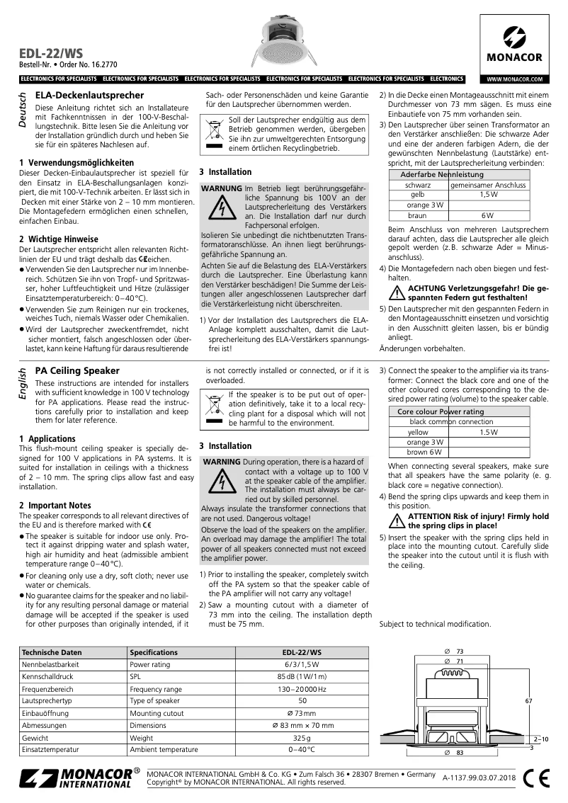 Página 1 del manual Manual de usuario Monacor EDL-22/WS