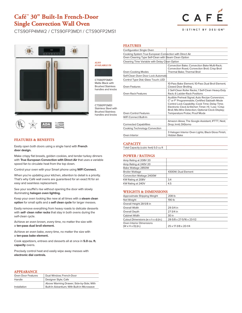 Page 1 de la notice Fiche technique GE Café CTS90FP4MW2