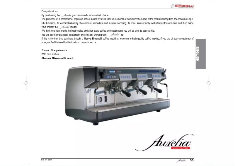Page n°1 - Manuel utilisateur Nuova Simonelli Aurelia