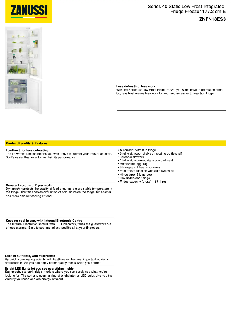 Page 1 de la notice Fiche technique Zanussi ZNFN18ES3
