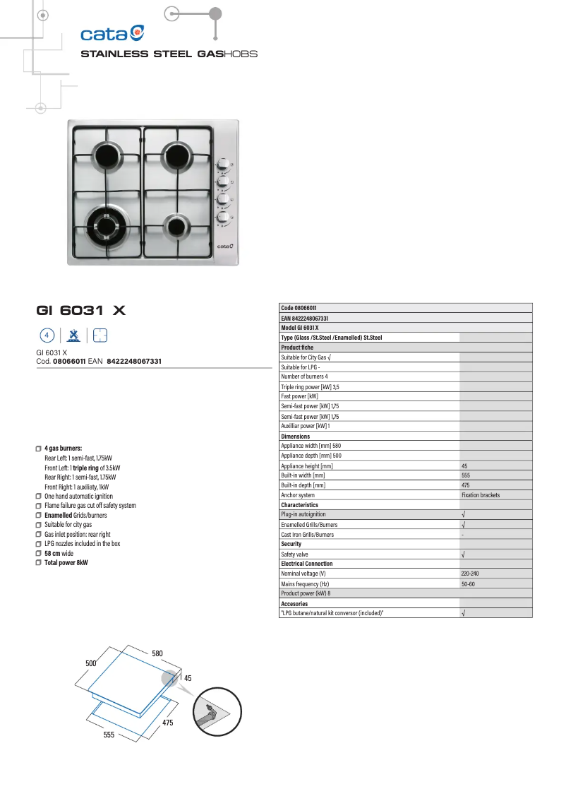 Page 1 de la notice Fiche technique CATA GI 6031 X