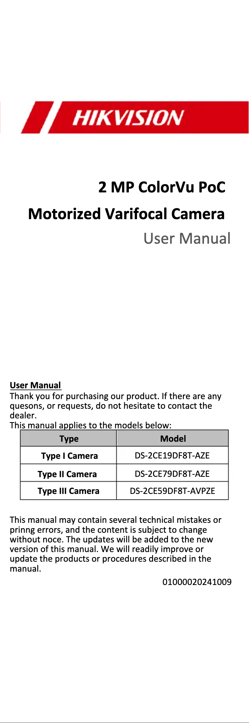 Image de la première page du manuel de l'appareil DS-2CE59DF8T-AVPZE