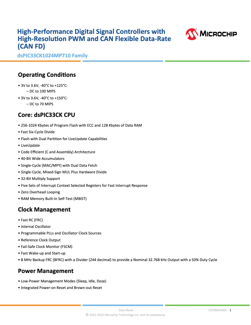 Page 1 de la notice Manuel utilisateur Microchip dsPIC33CK1024MP708