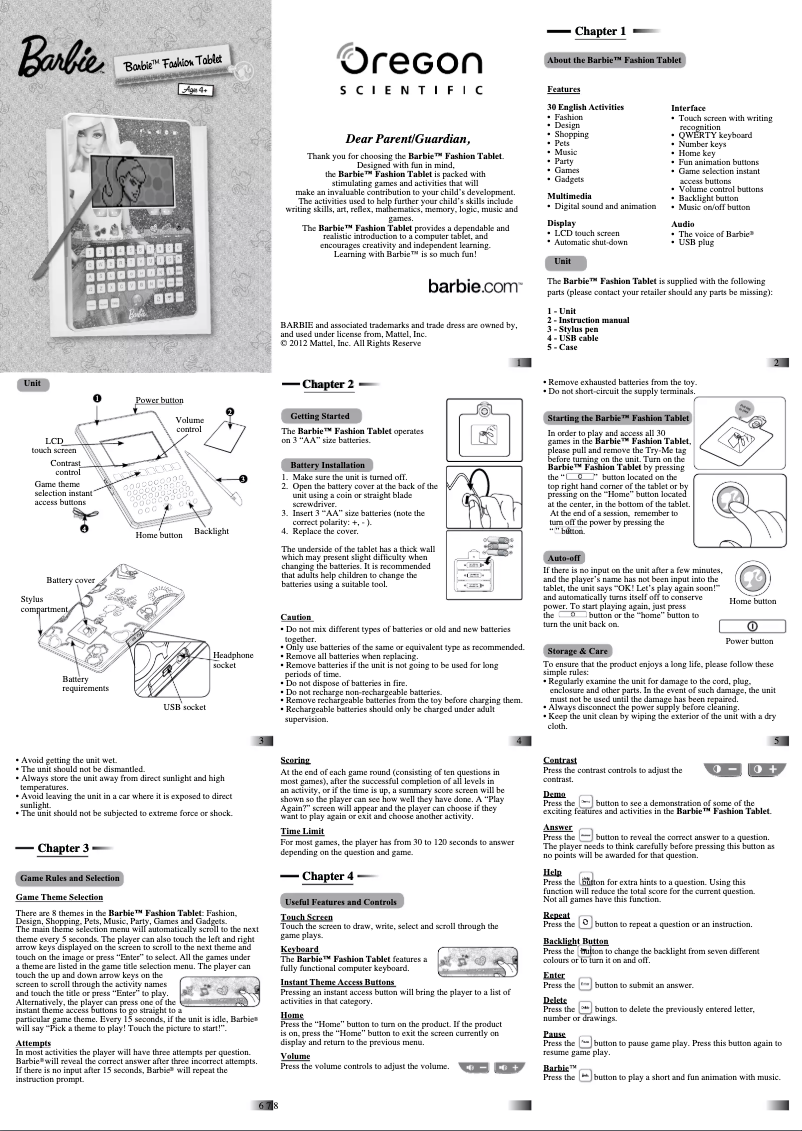 Page n°1 - Manuel utilisateur Oregon Scientific Barbie Fashion Tablet