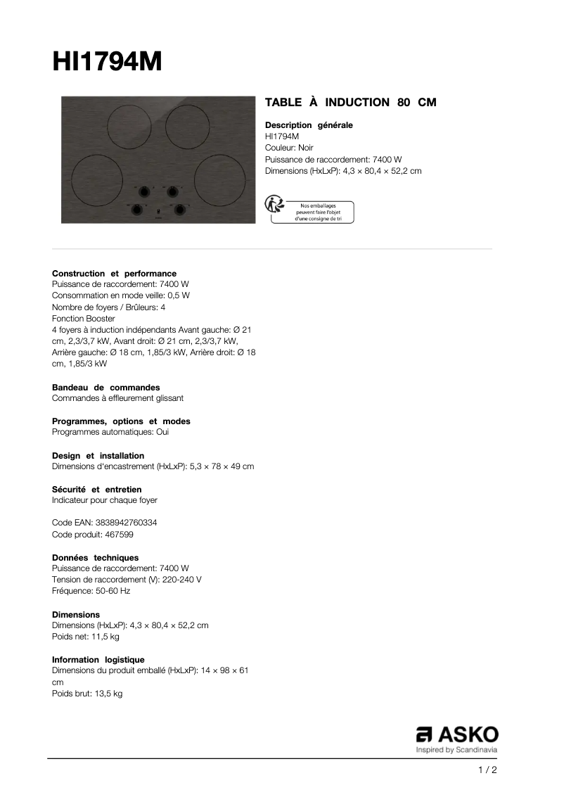 Page n°1 - Fiche technique Asko HI 1794 M