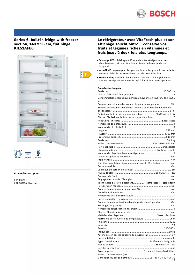 Page n°1 - Fiche technique Bosch KIL52AFE0