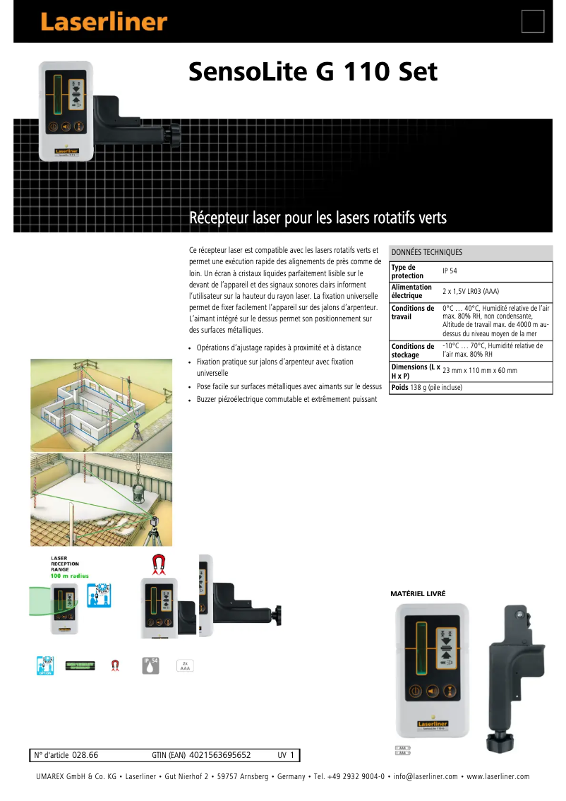 Page 1 of the manual Technical Sheet Laserliner SensoLite 110 G