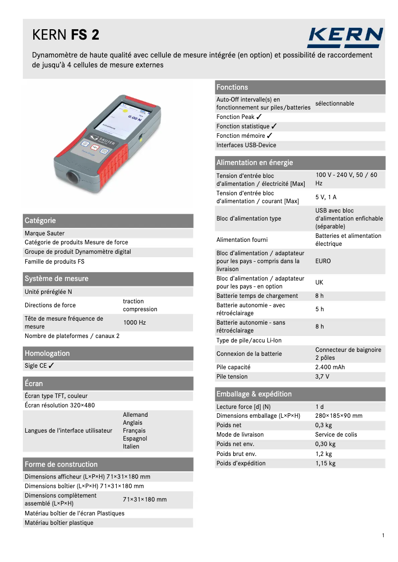 Page 1 de la notice Fiche technique Kern FS 2