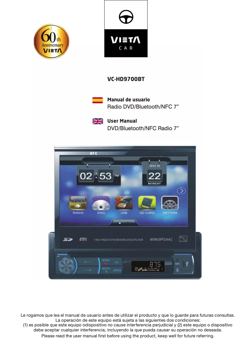 Page n°1 - Manuel utilisateur Vieta VC-HD9700BT