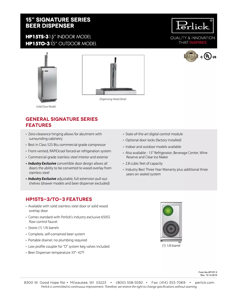Page n°1 - Fiche technique Perlick Signature Series HP15TS-3-2L
