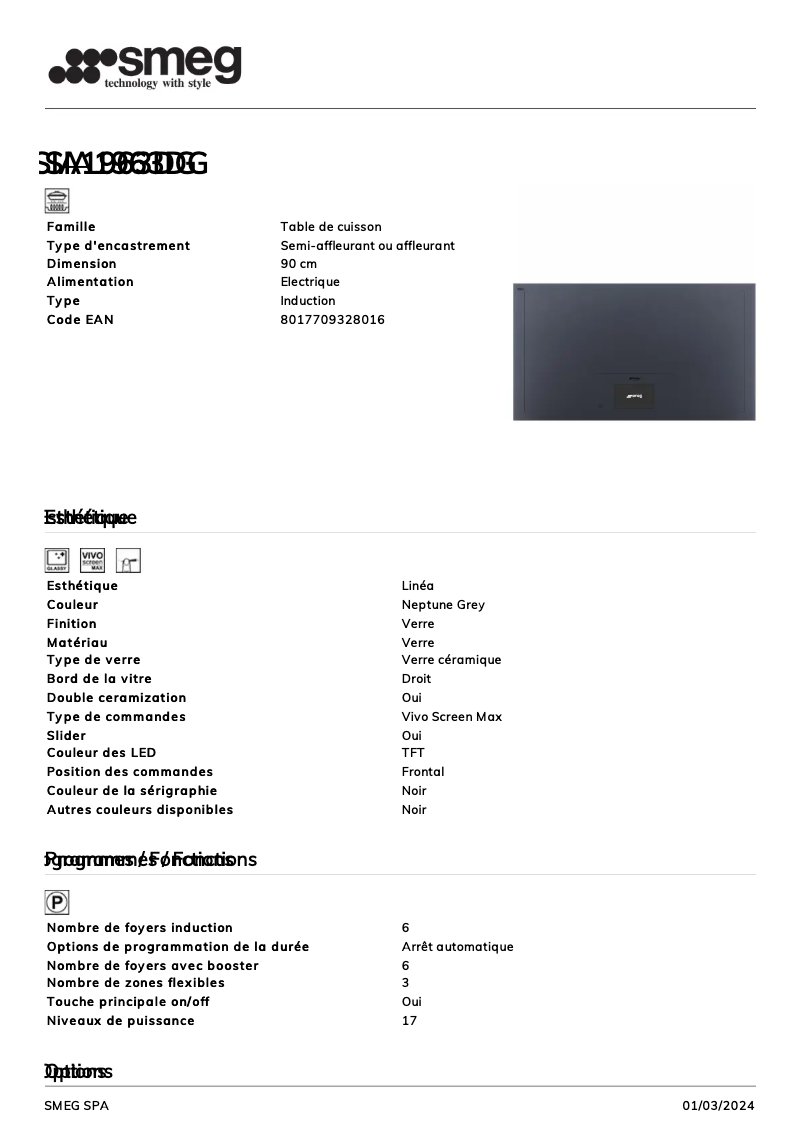 Page n°1 - Fiche technique Smeg SIA1963DG