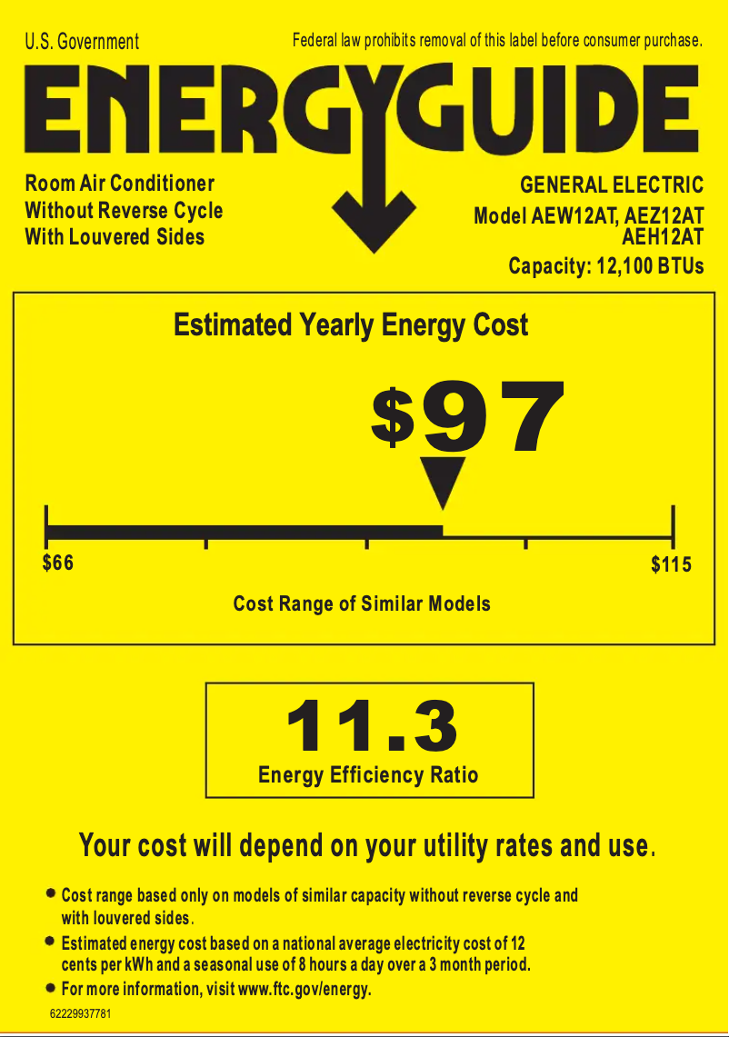 Page 1 de la notice Label énergétique GE AEH12AT