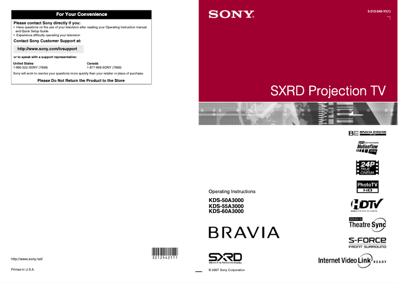 Image de la première page du manuel de l'appareil Bravia KDS-60A3000