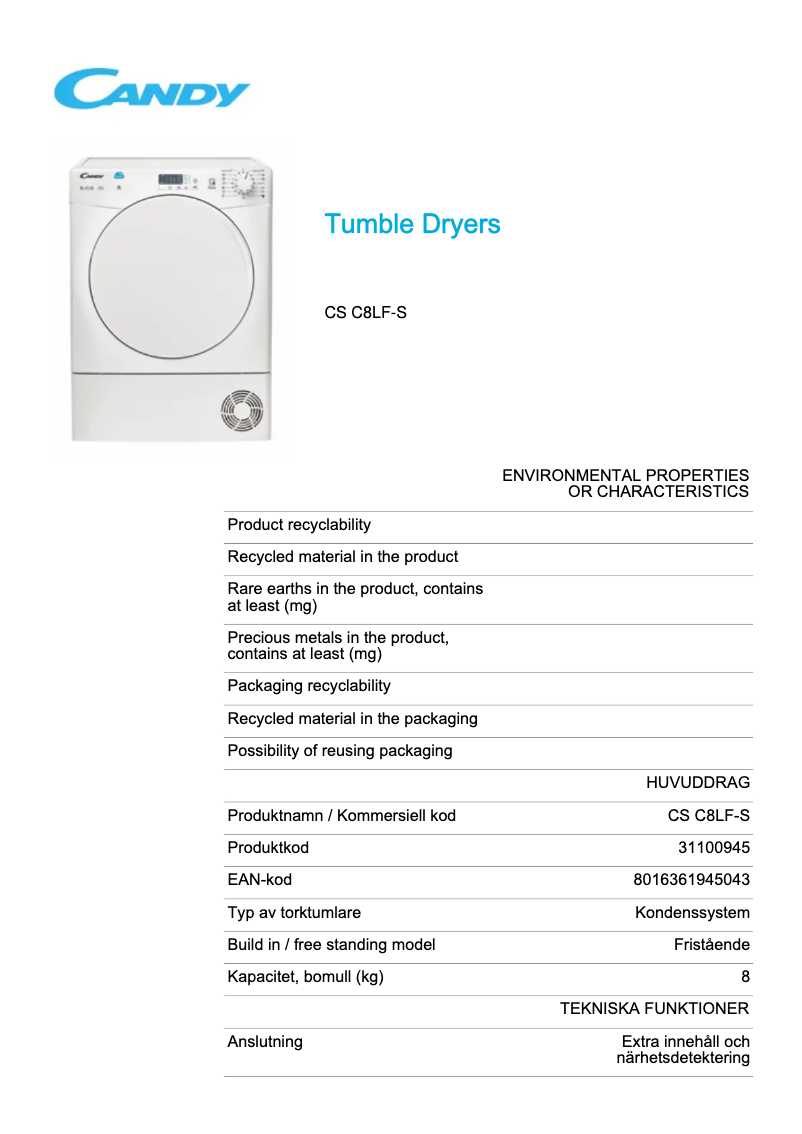 Page 1 de la notice Fiche technique Candy CS C8LF-S