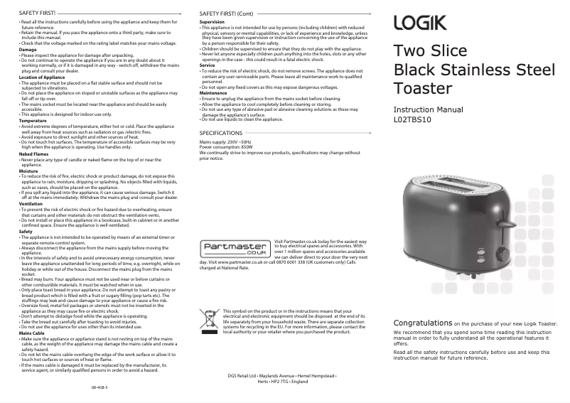 Page 1 de la notice Manuel utilisateur Logik L02TBS10