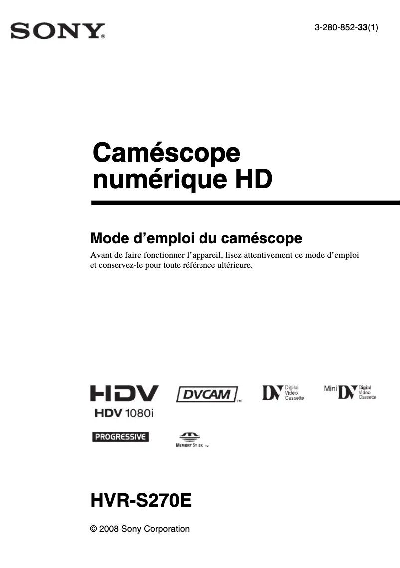 Page 1 de la notice Manuel utilisateur Sony HVR-S270E