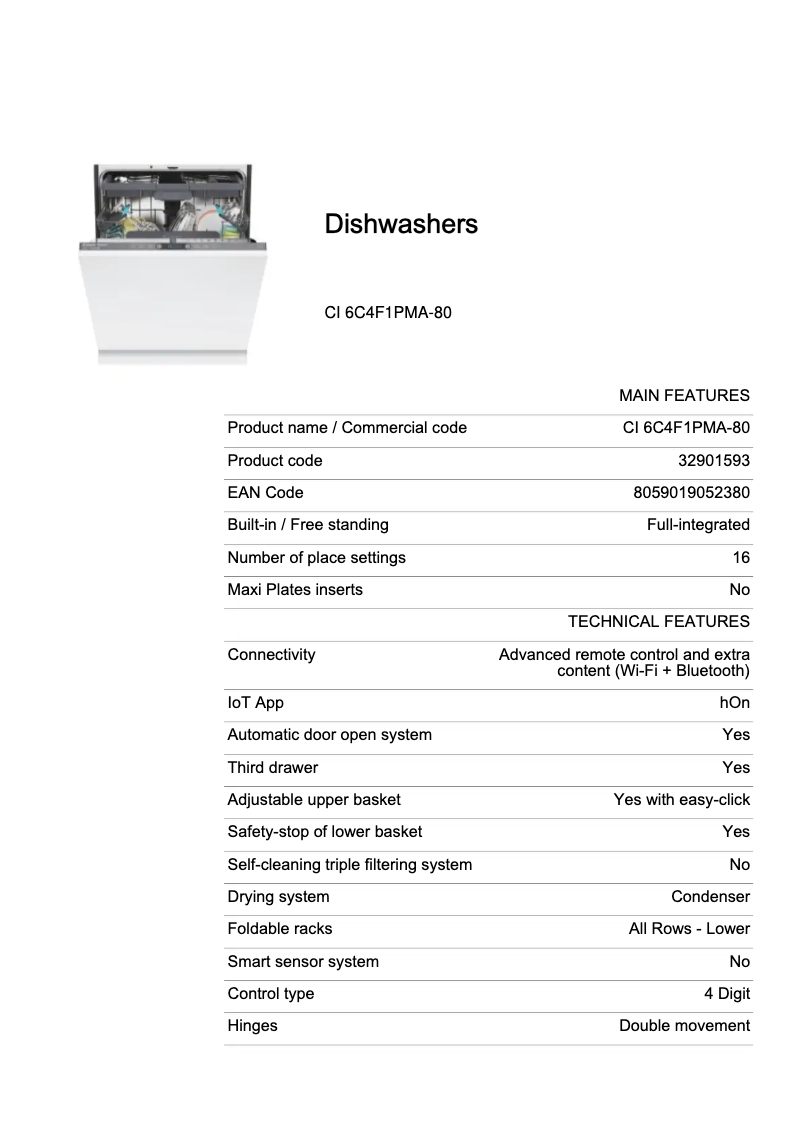 Page 1 de la notice Fiche technique Candy CI6C4F1PMW-80