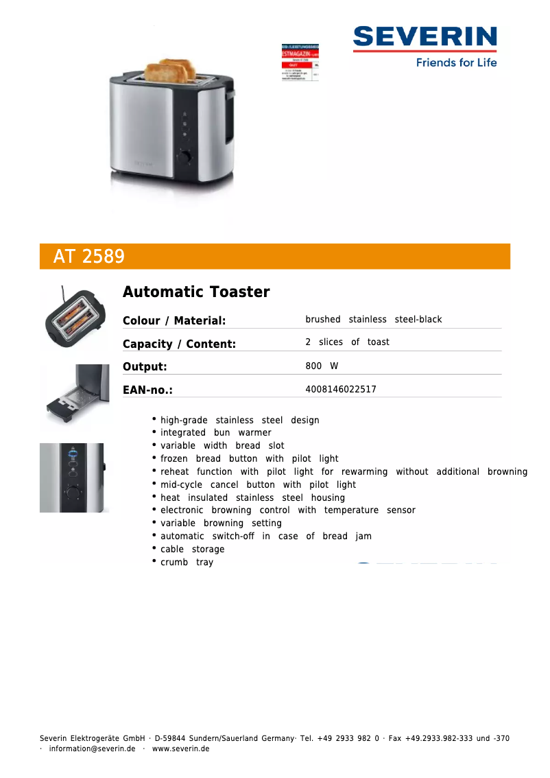 Page 1 de la notice Fiche technique Severin AT 2589