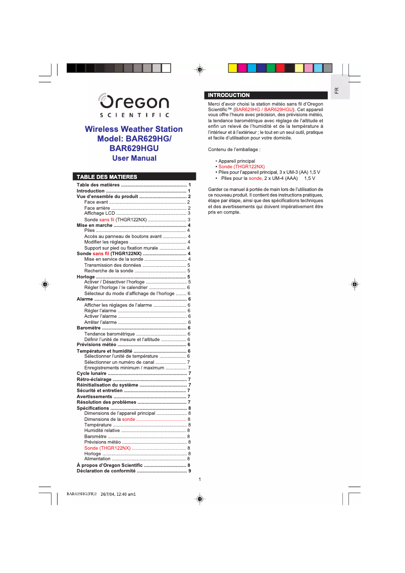 Page 1 de la notice Manuel utilisateur Oregon Scientific BAR629HGU