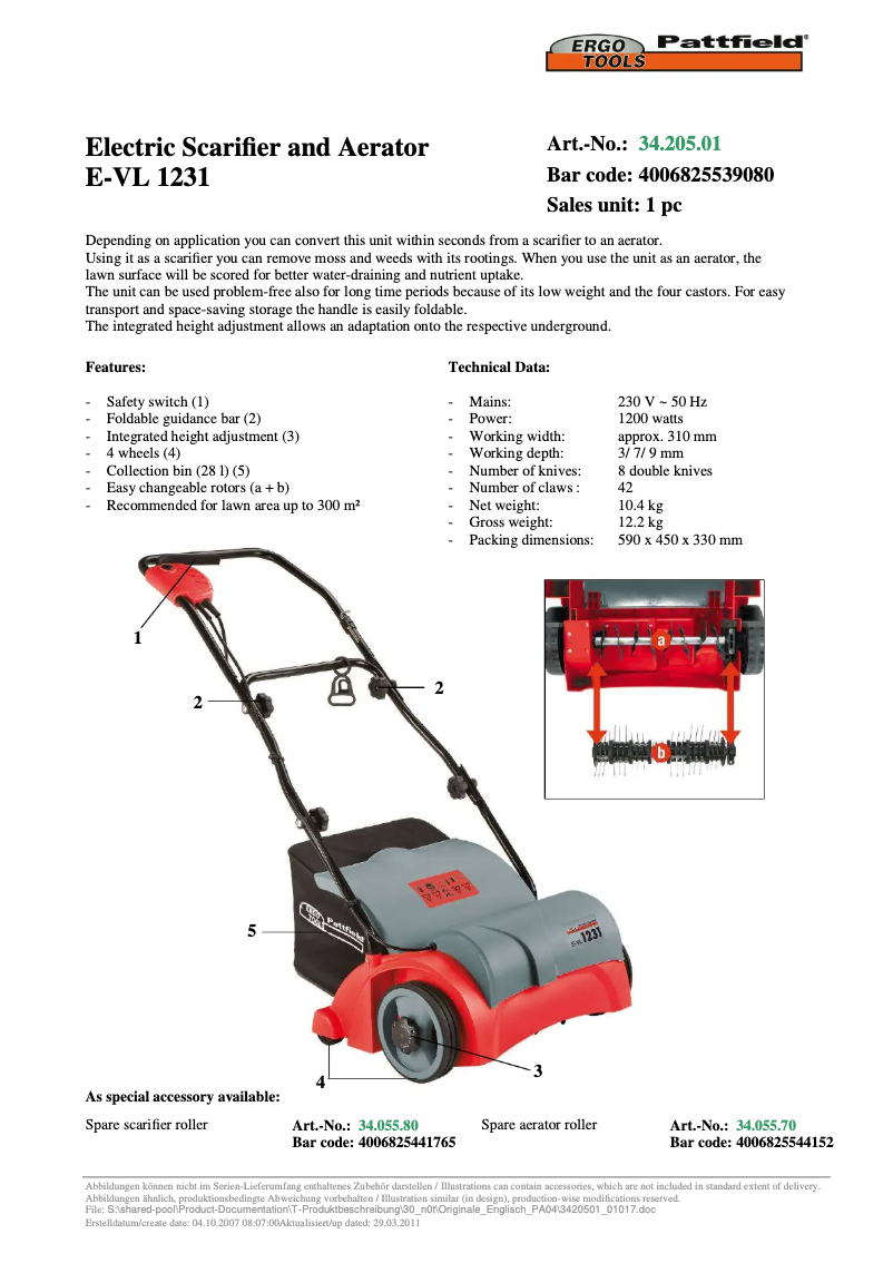 Page 1 de la notice Manuel utilisateur Ergotools Pattfield E-VL 1231
