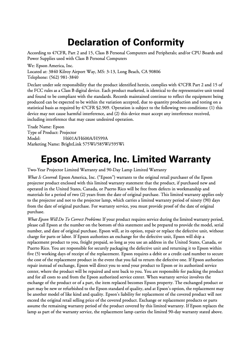 Página 1 del manual Información de garantía Epson BrightLink 575Wi