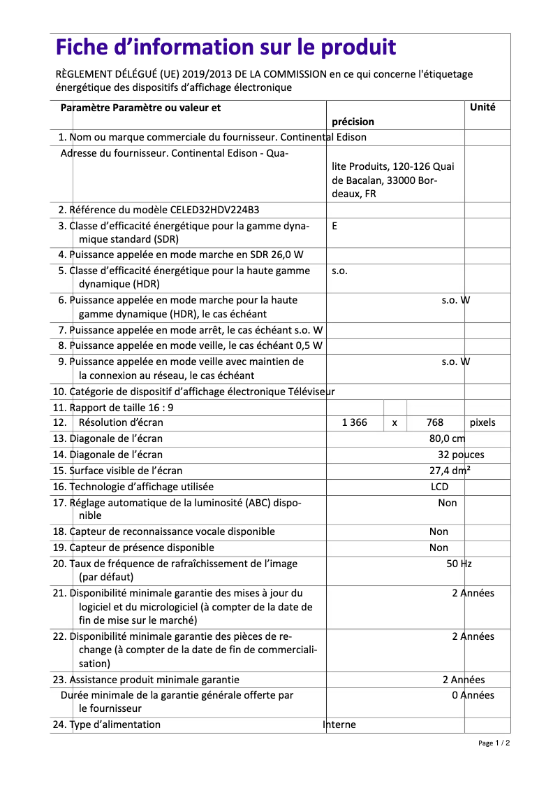 Page 1 de la notice Label énergétique Continental Edison CELED32HDV224B3