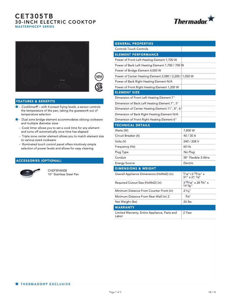 Page n°1 - Fiche technique Thermador CET305TB