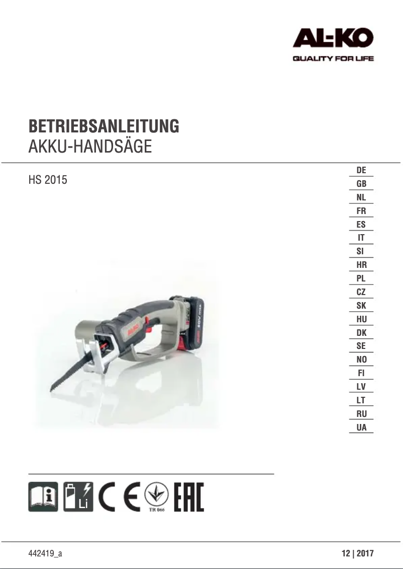 Page n°1 - Manuel utilisateur AL-KO HS 2015