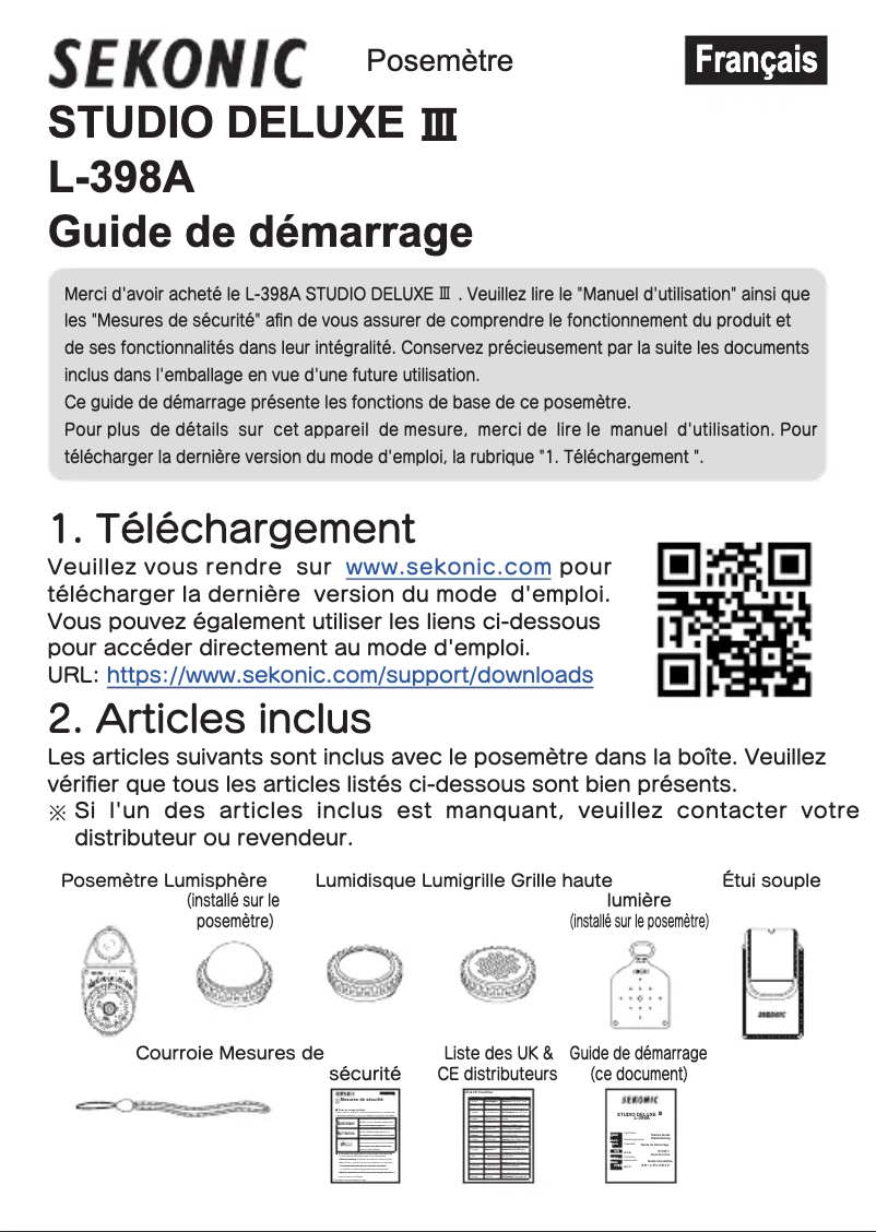 Page 1 de la notice Guide d'installation Sekonic Studio Deluxe III L-398A