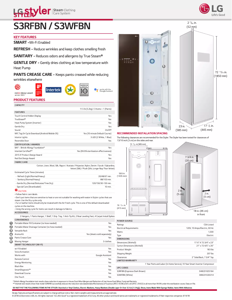 Page 1 de la notice Fiche technique LG S3WFBN
