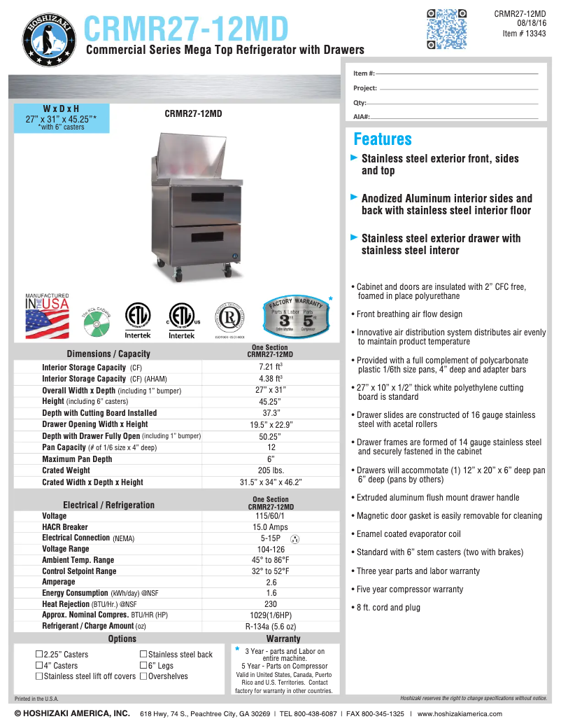Page n°1 - Fiche technique Hoshizaki CRMR27-12MD