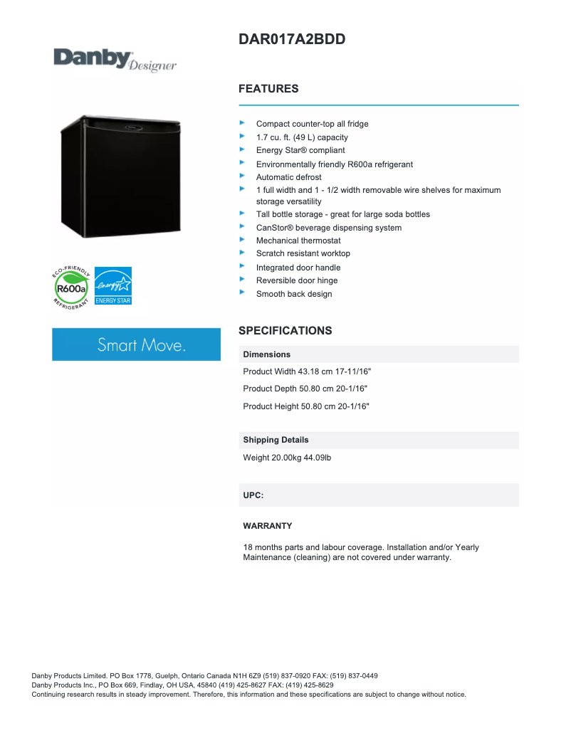 Page 1 de la notice Fiche technique Danby DAR017A2