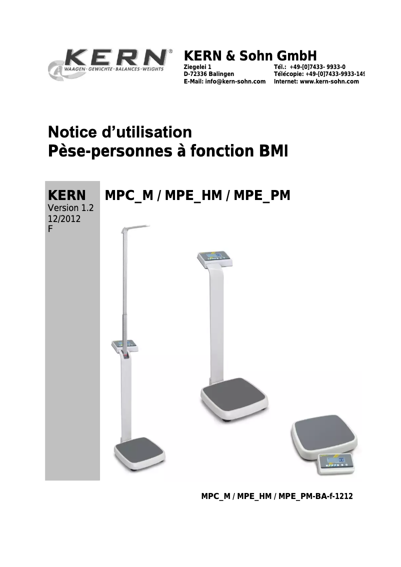 Page 1 de la notice Manuel utilisateur Kern MPC 250K100M