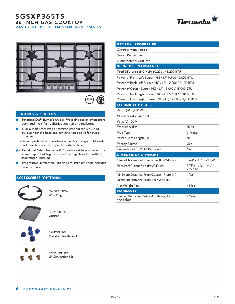 Page 1 de la notice Fiche technique Thermador SGSXP365TS