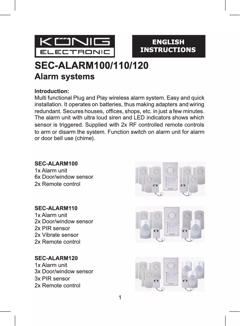 Page 1 de la notice Manuel utilisateur Konig SEC-ALARM100