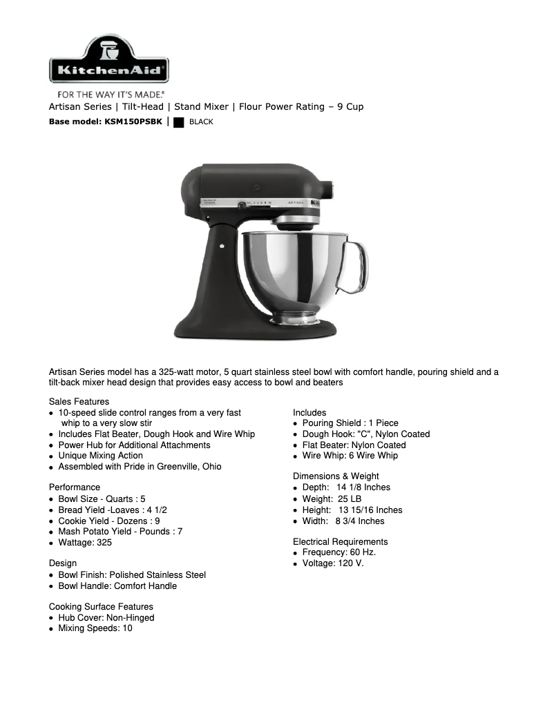 Image de la première page du manuel de l'appareil Artisan 5KSM150PS