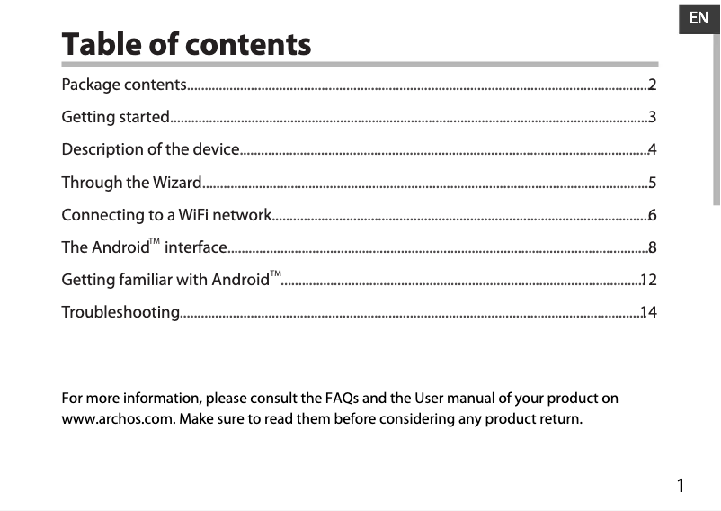 Page 1 de la notice Manuel utilisateur Archos Neon 90