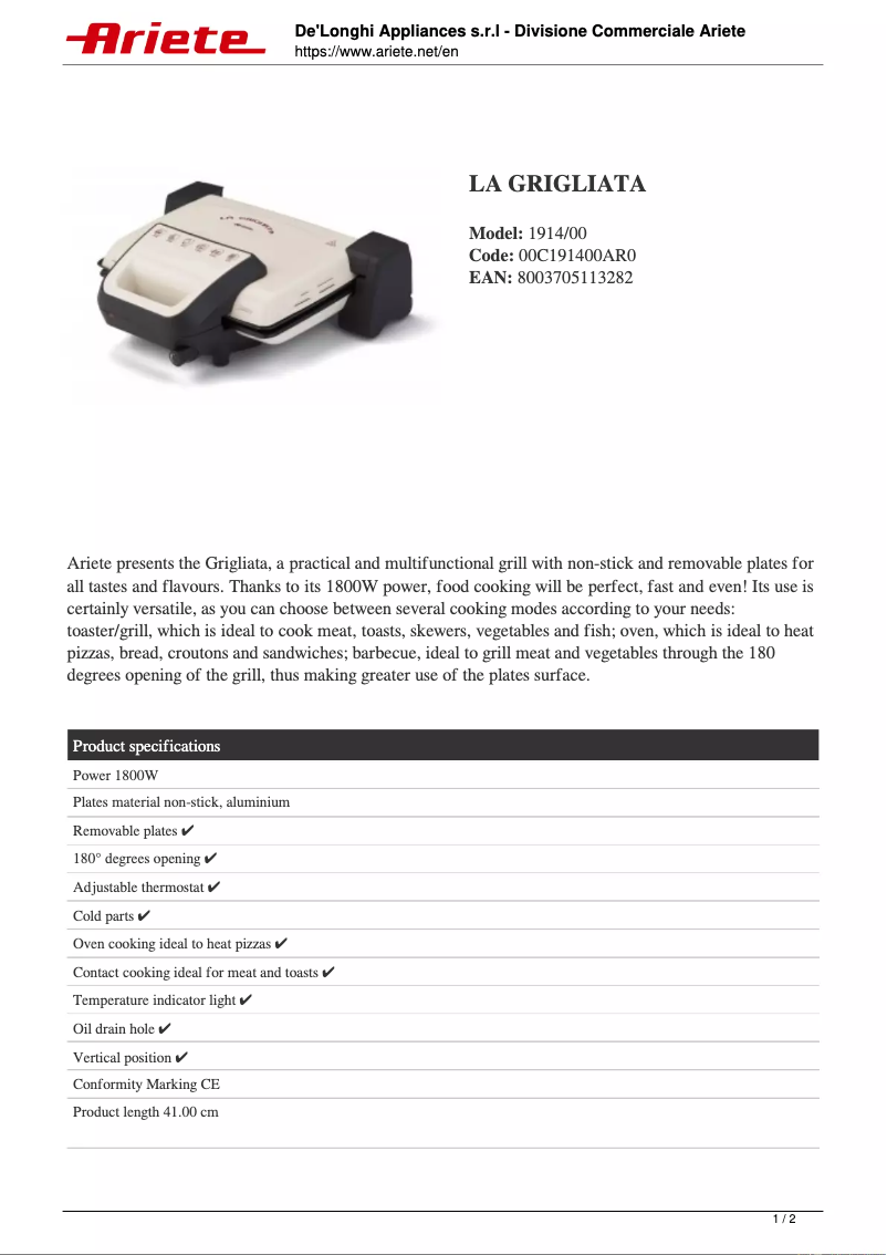 Page 1 de la notice Fiche technique Ariete La Grigliata 1914