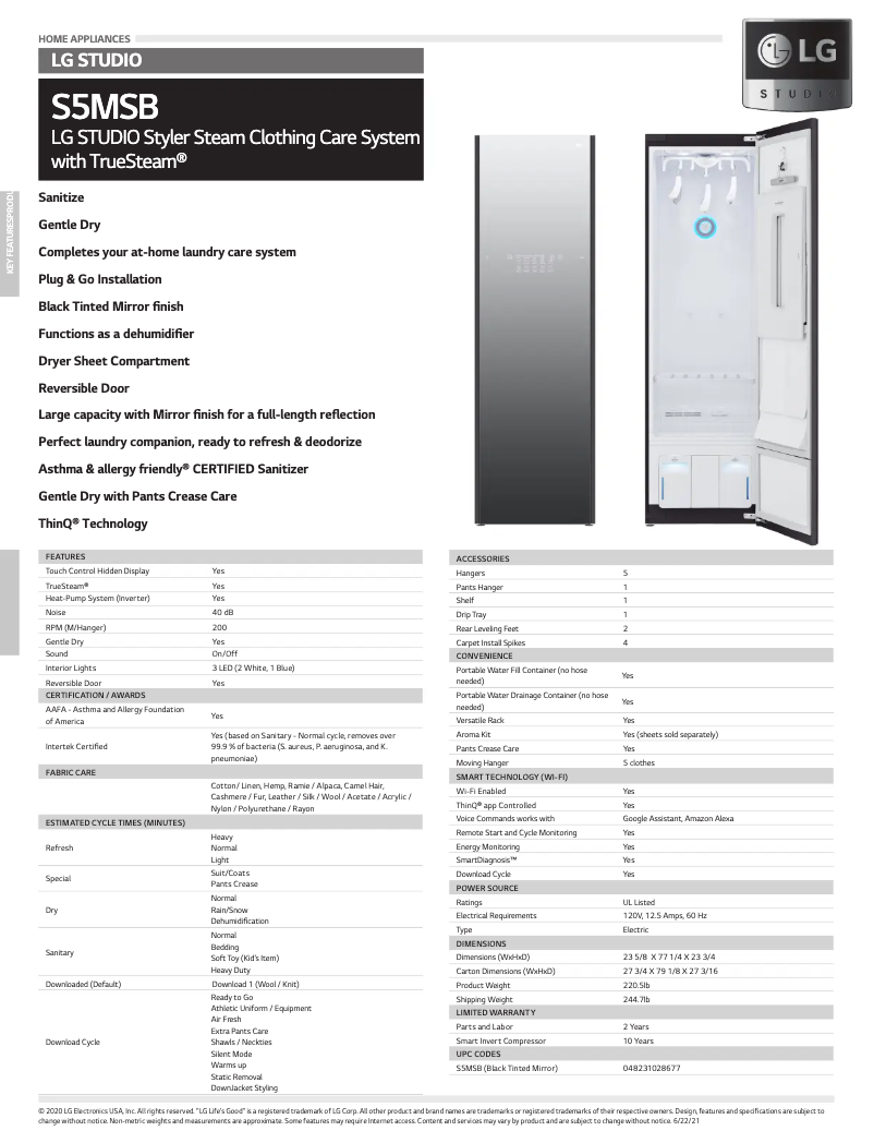 Page 1 de la notice Fiche technique LG S5MSB