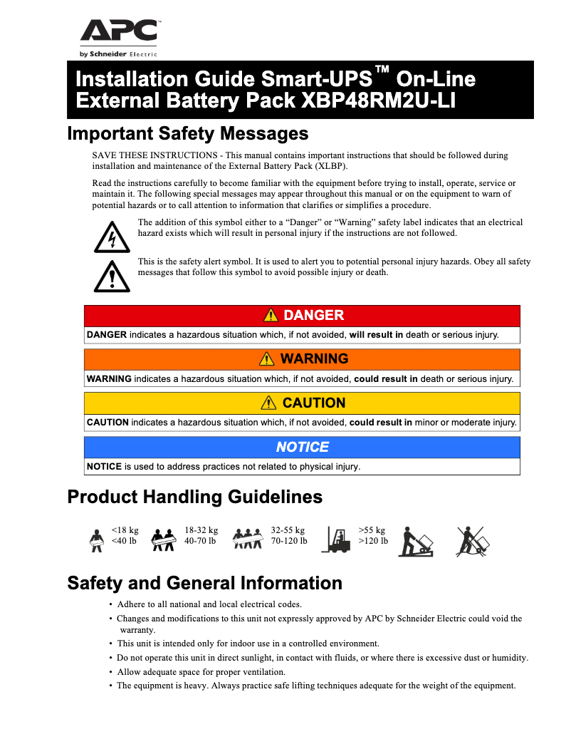 Page n°1 - Manuel utilisateur APC Smart-UPS Battery Systems XBP48RM2U-LI