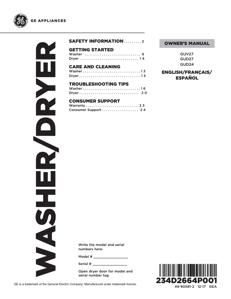 Page 1 de la notice Manuel d'utilisation et d'entretien GE GUV27ESSMWW