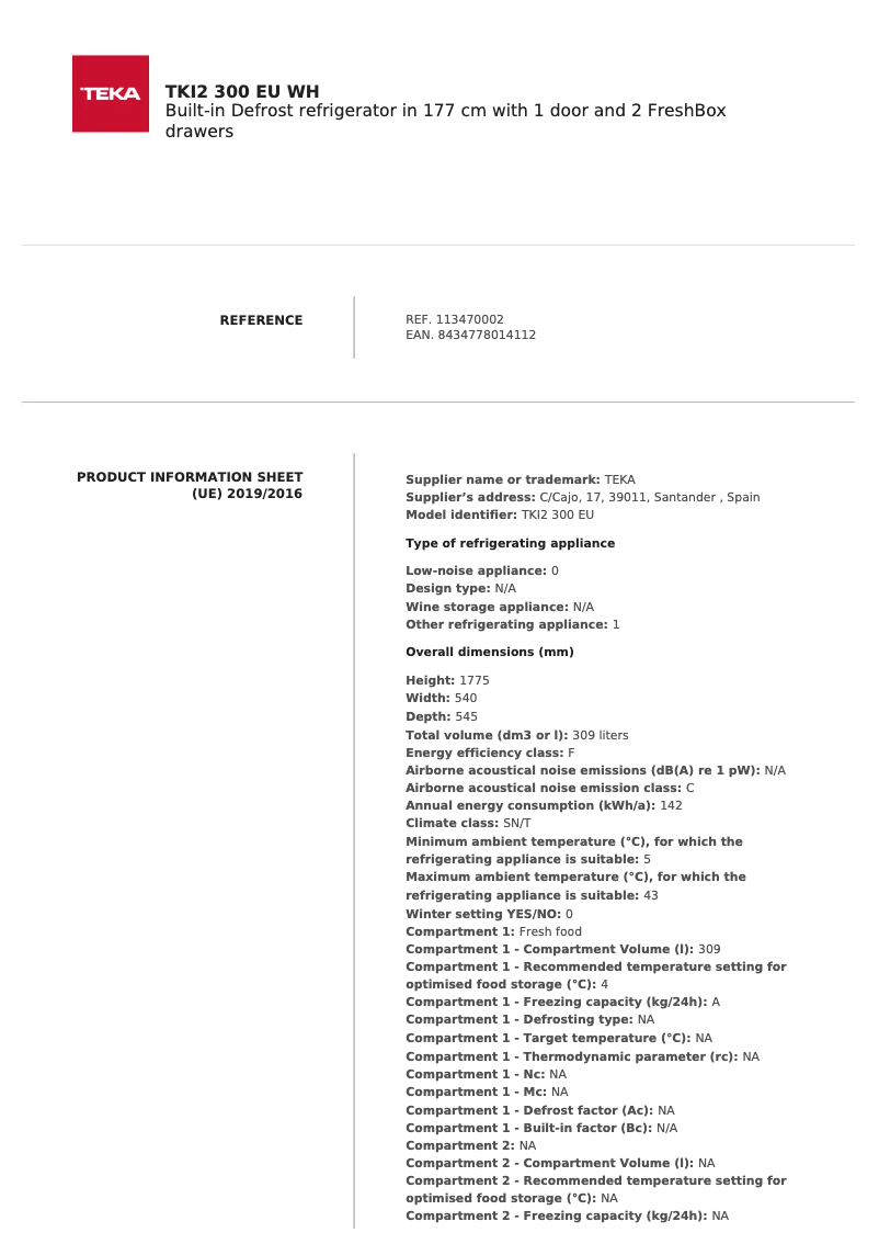 Page n°1 - Fiche technique Teka TKI2 300