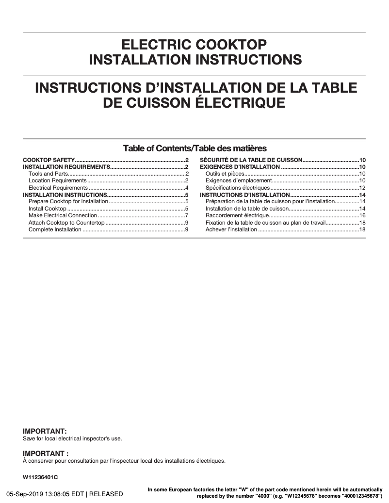 Page n°1 - Guide d'installation Jenn-Air JEC3430HS