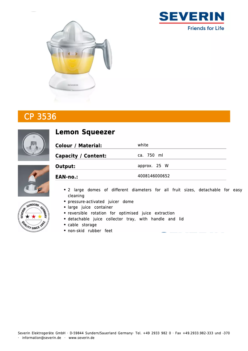 Page 1 de la notice Fiche technique Severin CP 3536
