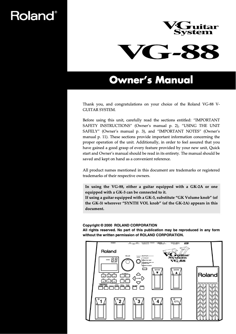 Page 1 de la notice Manuel utilisateur Roland VG-88