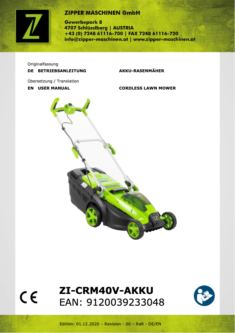 Page 1 de la notice Manuel utilisateur Zipper ZI-CRM40V-AKKU